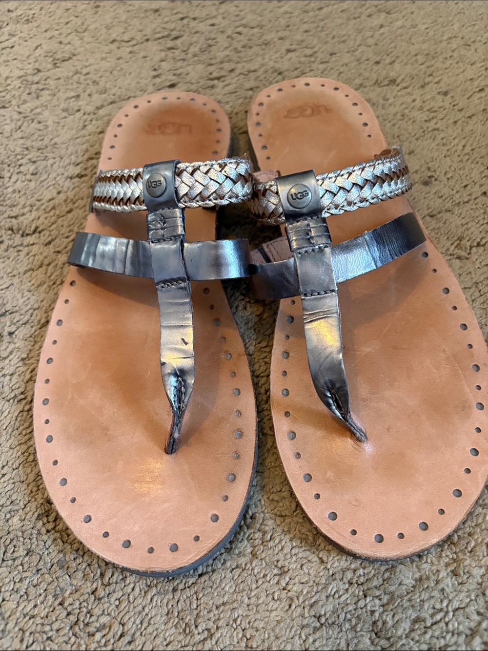 UGG Metallic Silver Braided Toe-Post Sandals